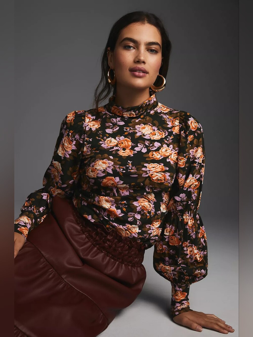 Anthropologie Floral Turtleneck Tiered Sleeve Long Sleeve Top Large L